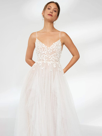 ウェディングドレス Vネック ノースリーブ スイープレース ブライダルガウン