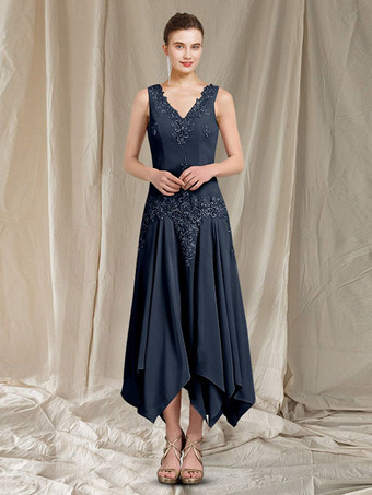 マザードレス Vネック 長袖 Aライン アップリケ 結婚式のゲストドレス