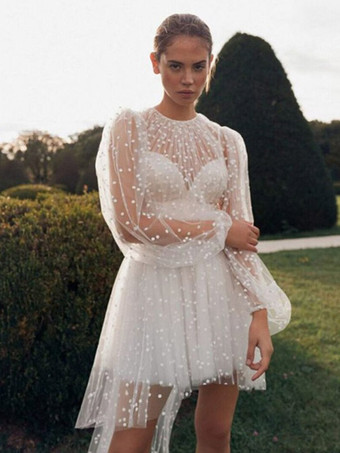 ショートウェディングドレス ジュエルネック 長袖 Aライン 非対称ブライダルドレス