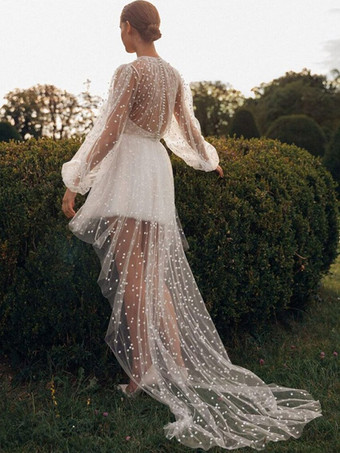 ショートウェディングドレス ジュエルネック 長袖 Aライン 非対称ブライダルドレス