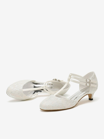Spitzen-Hochzeitsschuhe im Vintage-Stil  runde Zehenpartie  T-Riemen  Brautpumps
