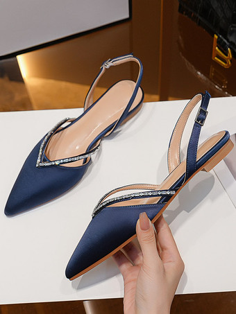 サテンのウェディングシューズ ポインテッドトゥ ラインストーン シングバック ブライダルシューズ