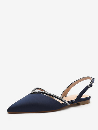 ディープブルーサテンのウェディングシューズ ポインテッドトゥ ラインストーン シングバック ブライダルシューズ