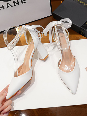 ホワイトウェディングシューズ ブロックヒール パール ポインテッドトゥ ブライダルパンプス