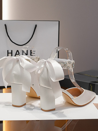 ホワイトウェディングシューズポインテッドトゥラインストーンブロックヒールアンクルストラップブライダルパンプス