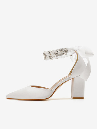 ホワイトウェディングシューズポインテッドトゥラインストーンブロックヒールアンクルストラップブライダルパンプス