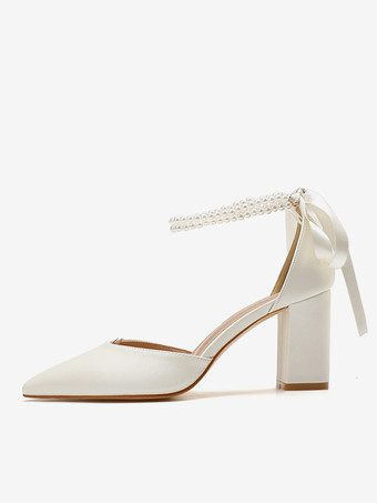 ホワイトウェディングシューズ ブロックヒール パール ポインテッドトゥ ブライダルパンプス