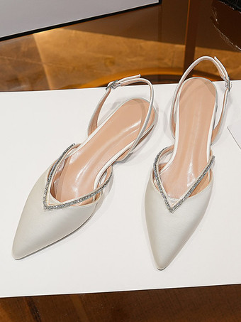 サテンのウェディングシューズ ポインテッドトゥ ラインストーン シングバック ブライダルシューズ