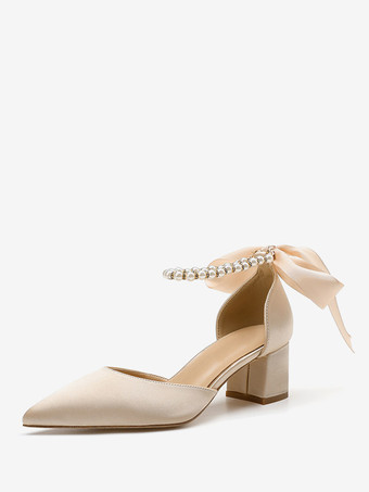 ディープアプリコットホワイト ウェディング シューズ サテン ポインテッドトゥ パール リボン ブライダル パンプス