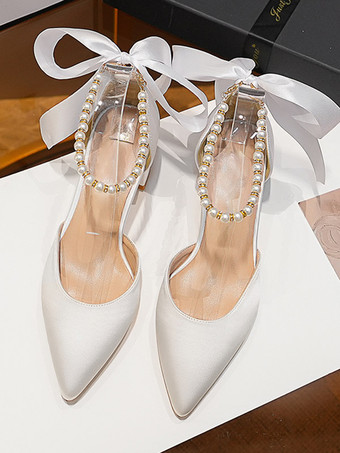 ホワイト ウェディング シューズ サテン ポインテッドトゥ パール リボン ブライダル パンプス