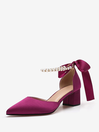 ワインレッド ホワイト ウェディング シューズ サテン ポインテッドトゥ パール リボン ブライダル パンプス