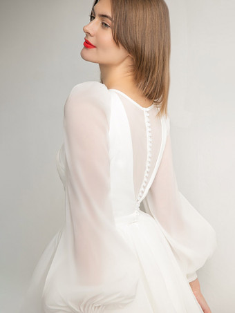 ショートウェディングドレス ショートジュエルネック ロングスリーブ ショートナチュラルウエスト オーガンザブライダルドレス