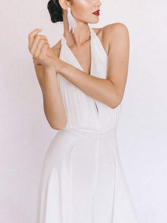 ブライダルジャンプスーツ シフォンサッシュ 床長さのジャンプスーツ Vネック ノースリーブ ナチュラルウエスト アイボリー