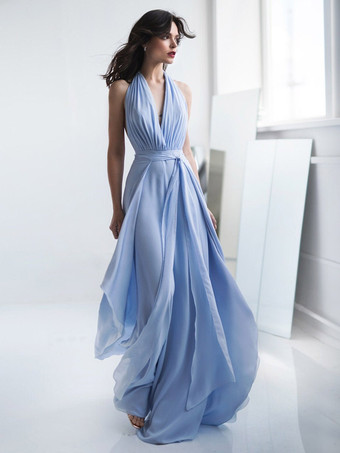 ベビーブルーブライダルジャンプスーツ シフォンサッシュ 床長さのジャンプスーツ Vネック ノースリーブ ナチュラルウエスト アイボリー