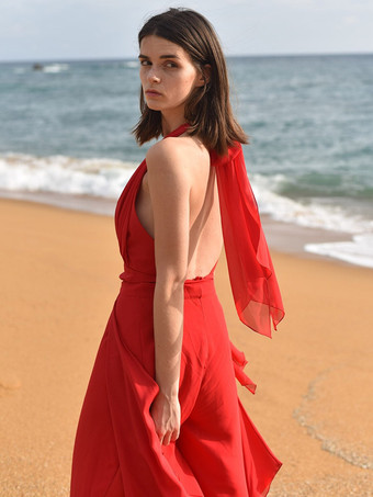 レッド ブライダルジャンプスーツ シフォンサッシュ 床長さのジャンプスーツ Vネック ノースリーブ ナチュラルウエスト アイボリー