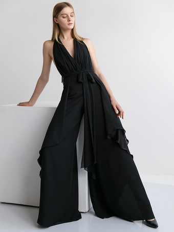 ブラックブライダルジャンプスーツ シフォンサッシュ 床長さのジャンプスーツ Vネック ノースリーブ ナチュラルウエスト アイボリー
