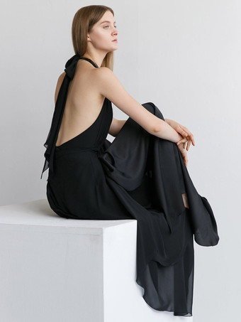 ブライダルジャンプスーツ シフォンサッシュ 床長さのジャンプスーツ Vネック ノースリーブ ナチュラルウエスト アイボリー