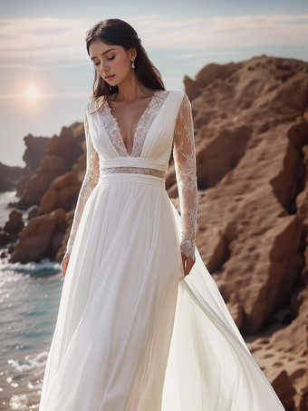 ボヘミアンウェディングドレス レース レース Aライン スイープ ナチュラルウエスト ウェディングドレス 機能ボタン 長袖 バトーネック アイボリー