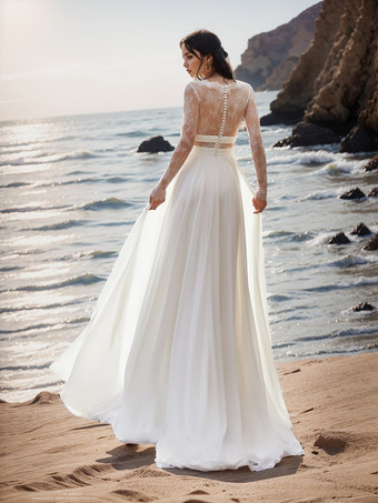 ボヘミアンウェディングドレス レース レース Aライン スイープ ナチュラルウエスト ウェディングドレス 機能ボタン 長袖 バトーネック アイボリー