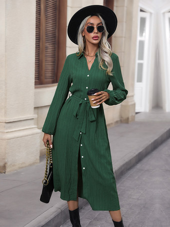 ミディドレス Vネック ランタンスリーブ フロントボタン ベルト エレガントドレス