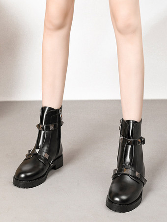 ブラック 女性 アンクル ブーツ ブラック ゴールド リベット ディテール フラット ブーティ