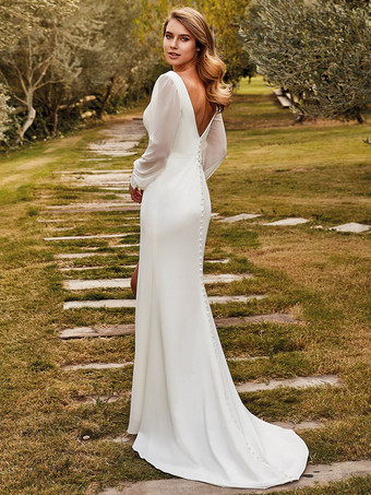 ヴィンテージ ウェディングドレス V ネック 長袖 ナチュラル ウエスト ストレッチ クレープ スイープ プリーツ ブライダル ドレス