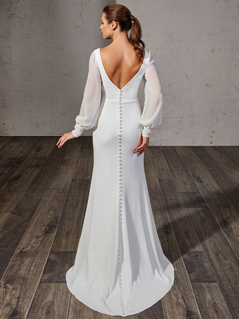 ヴィンテージ ウェディングドレス V ネック 長袖 ナチュラル ウエスト ストレッチ クレープ スイープ プリーツ ブライダル ドレス