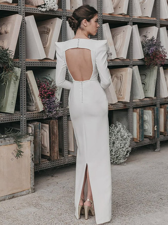 ヴィンテージウェディングドレス床長さのVネック長袖サテン生地のブライダルドレス