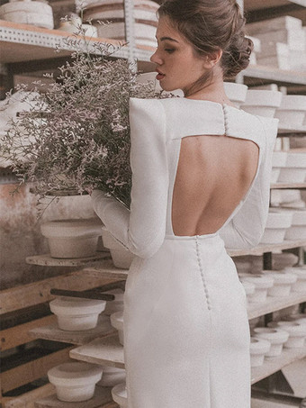 ヴィンテージウェディングドレス床長さのVネック長袖サテン生地のブライダルドレス