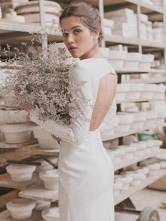 ヴィンテージウェディングドレス床長さのVネック長袖サテン生地のブライダルドレス