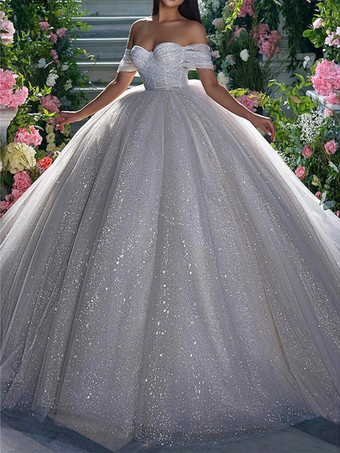 アイボリーレース ウェディングドレス トレイン プリンセス シルエット 半袖 チュール ストラップレス ブライダルドレス