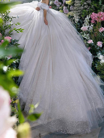 レース ウェディングドレス トレイン プリンセス シルエット 半袖 チュール ストラップレス ブライダルドレス