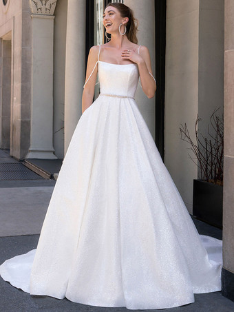 Simple Wedding Dress Sequined Square Neck Sleeveless Sash A-Line Bridal Dresses