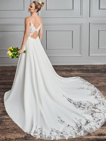 シンプルなウェディングドレス Aライン Vネック ノースリーブ レース ブライダルドレス