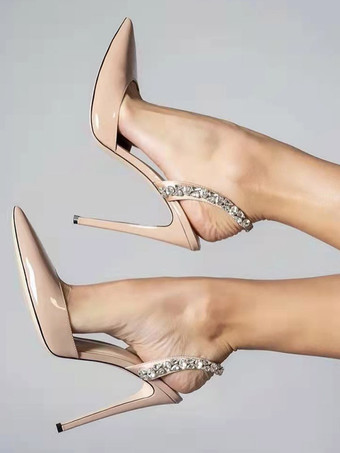 肌色ブラックハイヒール、ポインテッドトゥ、ラインストーン、スリングバック、パーティーパンプス