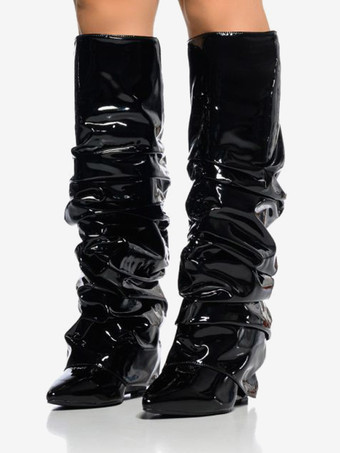 ブラック メタリック ニーハイ ブーツ シルバー ポインテッドトゥ フォールド オーバー ウェッジ ヒール スラウチ ブーツ