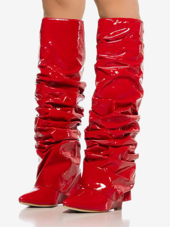 レッド メタリック ニーハイ ブーツ シルバー ポインテッドトゥ フォールド オーバー ウェッジ ヒール スラウチ ブーツ