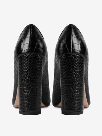 Schwarze High Heels Damen Pumps mit spitzer Zehenpartie und Steinmuster und klobigem Absatz