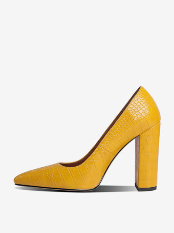 GelbSchwarze High Heels Damen Pumps mit spitzer Zehenpartie und Steinmuster und klobigem Absatz