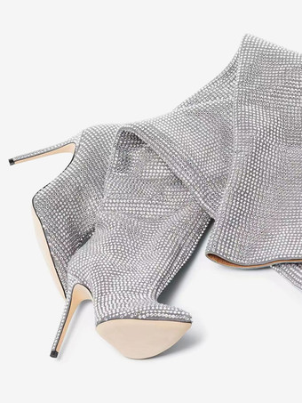 シルバーのオーバーニーブーツ、ラインストーン付きポインテッドトゥ、サイハイパーティーブーツ