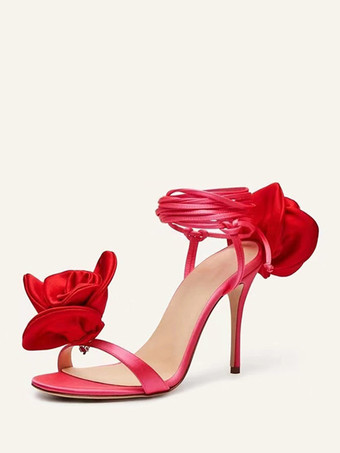 Sandalias de tacón para mujer Detalle de flores de satén Zapatos de fiesta de tacón alto con cordones