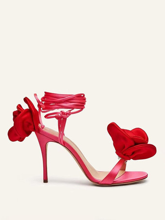 女性のヒール サンダル サテン フラワー ディテール レースアップ ハイヒール パーティー シューズ