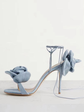 ライトスカイブルー女性のヒール サンダル サテン フラワー ディテール レースアップ ハイヒール パーティー シューズ