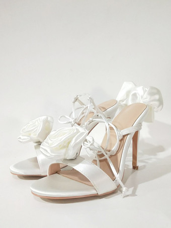 女性のヒール サンダル サテン フラワー ディテール レースアップ ハイヒール パーティー シューズ