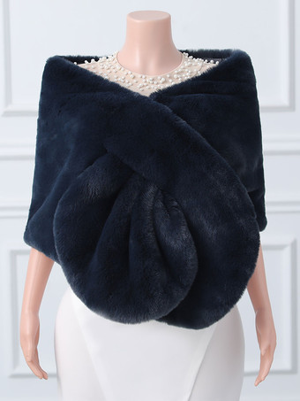 ダークネイビーウェディングラップ アイボリートップス フェイクファー ブライダルカバーアップ