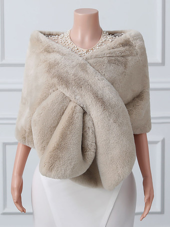 ライトブラウンウェディングラップ アイボリートップス フェイクファー ブライダルカバーアップ