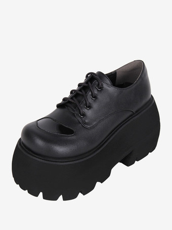 ゴスロリブーツ ブラック PU ラウンドトゥ PU レザー ロリータ靴