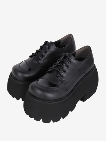 ブラック ゴスロリブーツ ブラック PU ラウンドトゥ PU レザー ロリータ靴