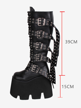 ゴスロリブーツ ブラック PU ラウンドトゥ PU レザー ロリータ靴