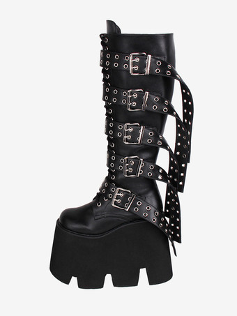 ゴスロリブーツ ブラック PU ラウンドトゥ PU レザー ロリータ靴